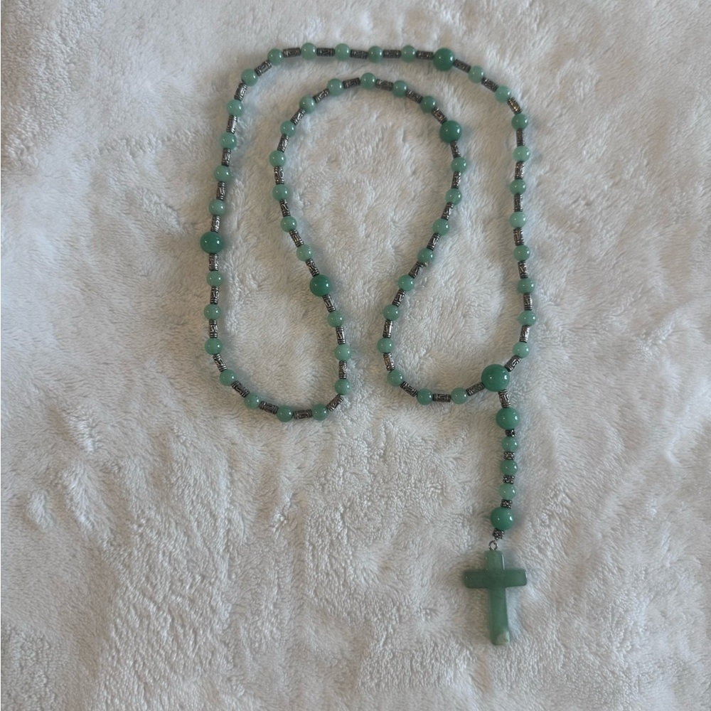 Green Jade Beaded Cross Rosary Necklace from Venice, IT